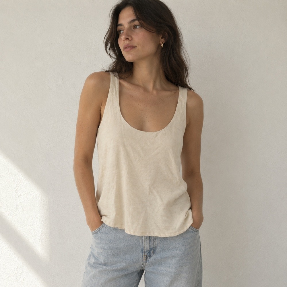 Anemos Womens Top XS Beige Linen Blend Scoop Neck Sleeveless Minimalist Tank